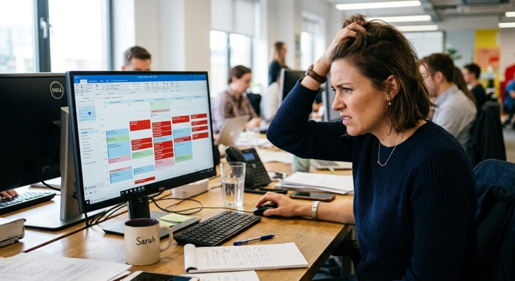 Kvinde ved skrivebord ser mødeindkaldelser på computerens kalender, symboliserer mødetrætte og tidstyv på arbejdspladsen