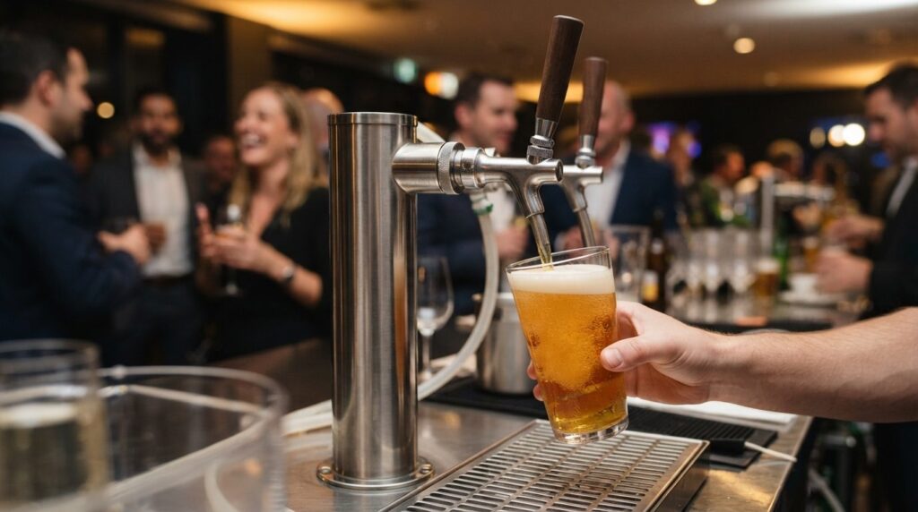 Close-up of a professional draft beer tap dispenser with gol