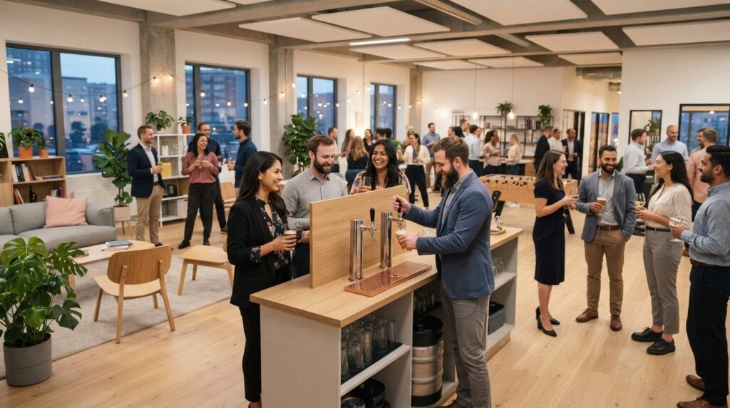 Wide angle shot of a company party setup with a self-service