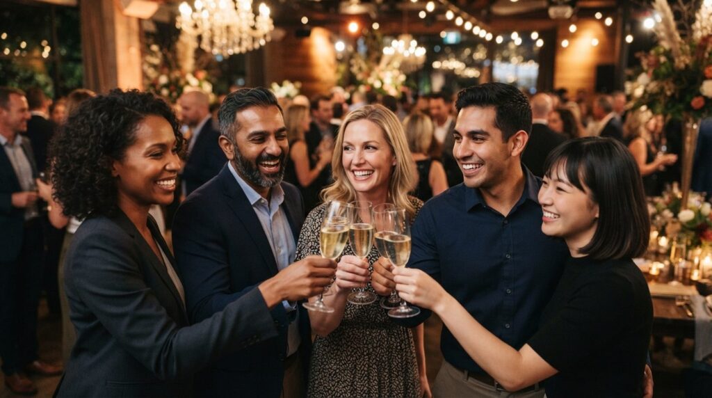 Close-up of diverse corporate team members toasting with cha