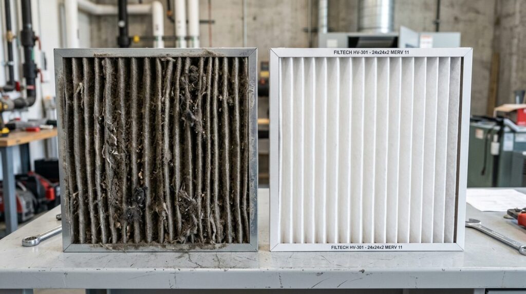 Close-up photorealistic image of a ventilation system filter