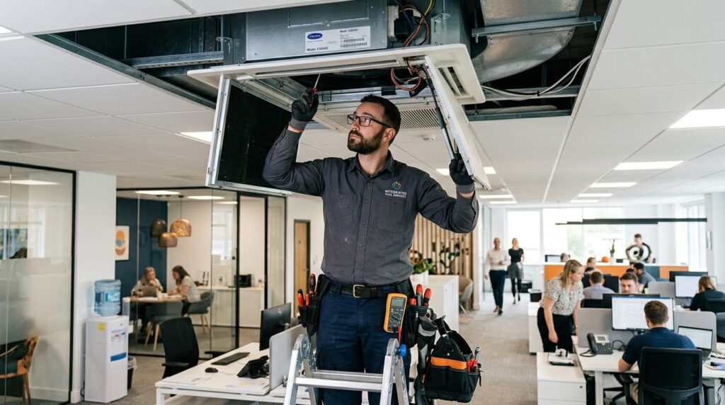 Candid photograph of a professional HVAC technician or facil