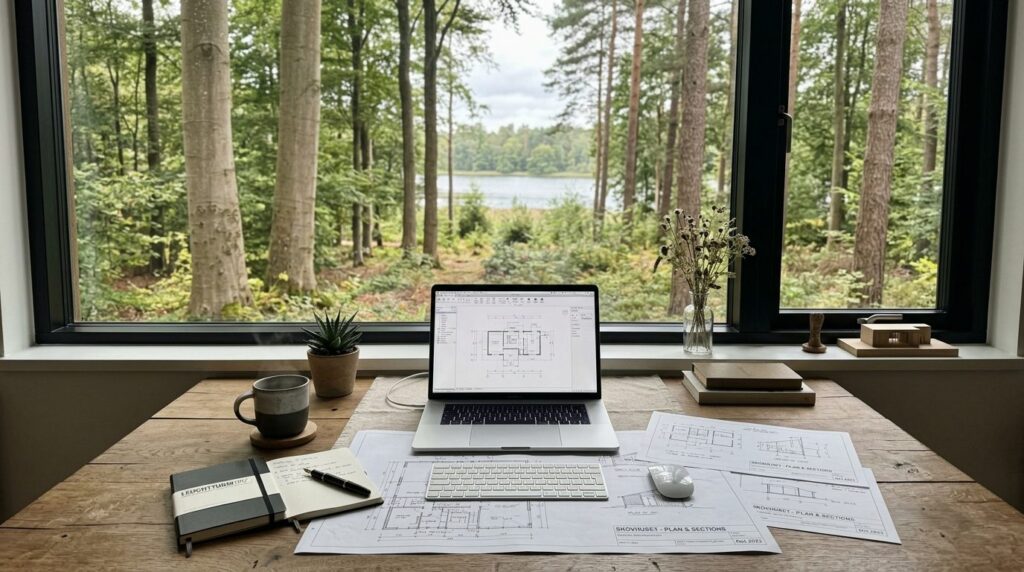 Overhead shot of a home office desk with a laptop, coffee cu