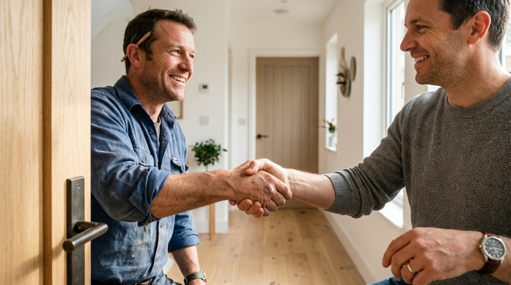 Close-up of hands of a carpenter and homeowner shaking hands