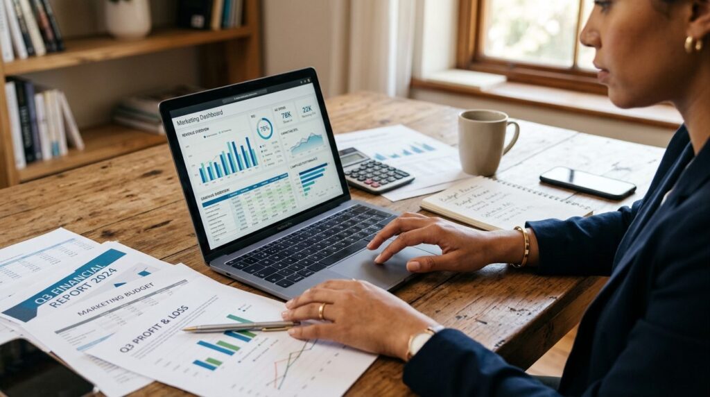 Close-up of a female entrepreneurs hands analyzing financia