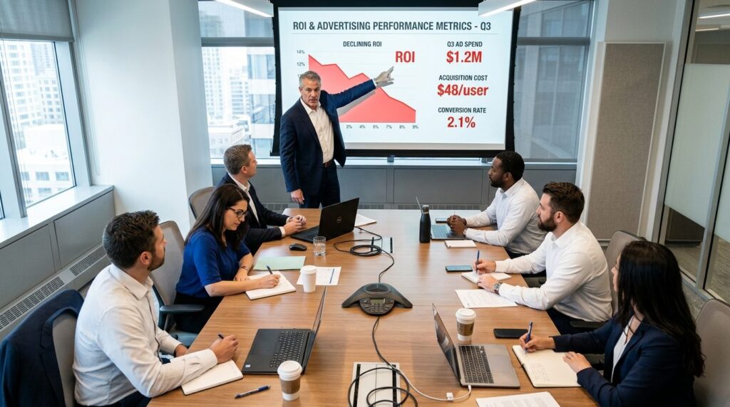 Overhead view of business leader in meeting room pointing at