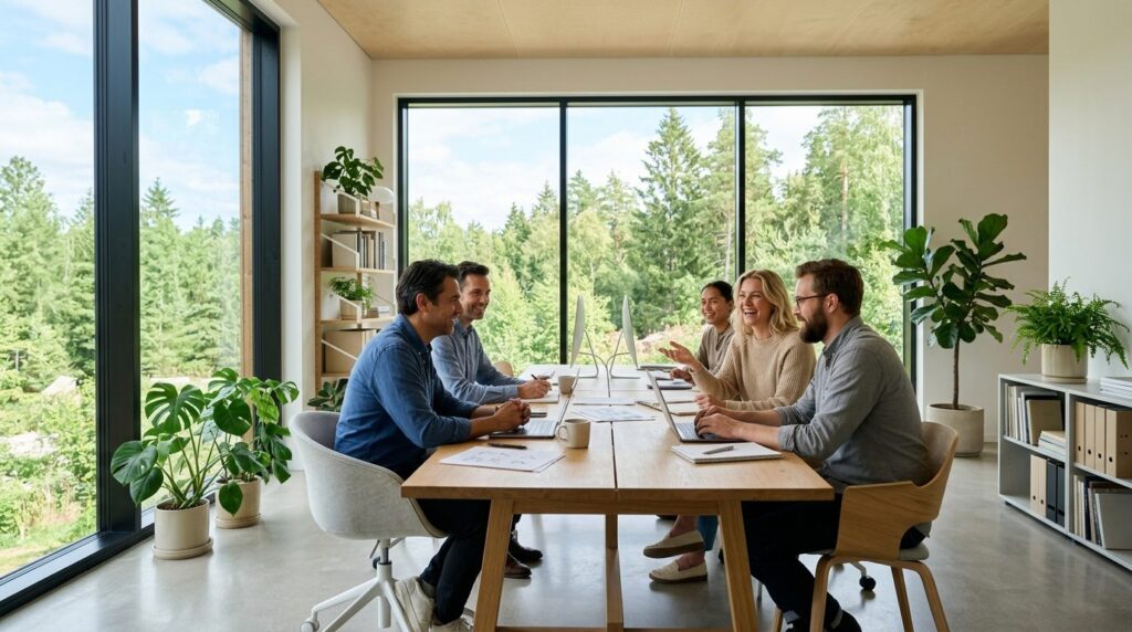 Wide shot of a Scandinavian-style workspace with large windo