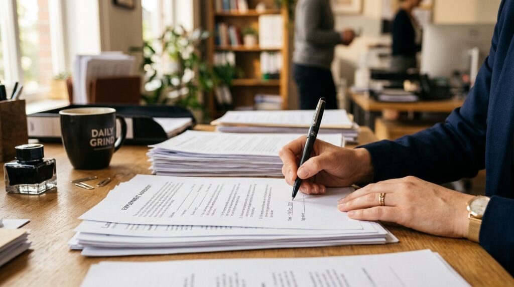 Close-up of business professionals hand holding pen over pr
