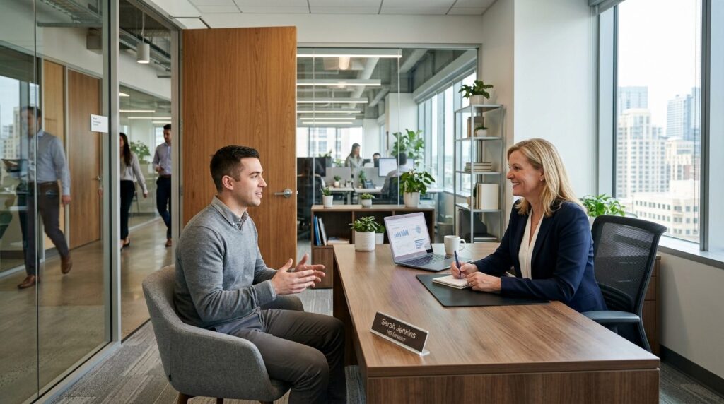 Wide-angle photograph of an HR professional or business lead