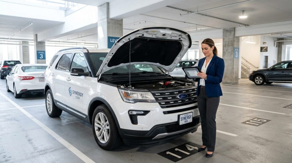 Wide shot of a confident office professional in smart busine