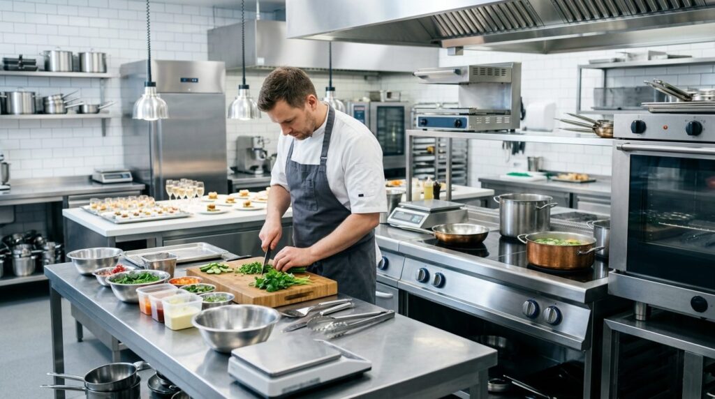 Close-up professional photo of a modern commercial kitchen w
