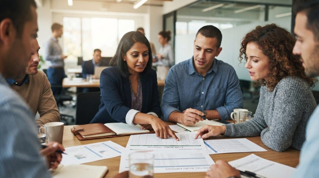 Close-up of diverse corporate team around a conference table