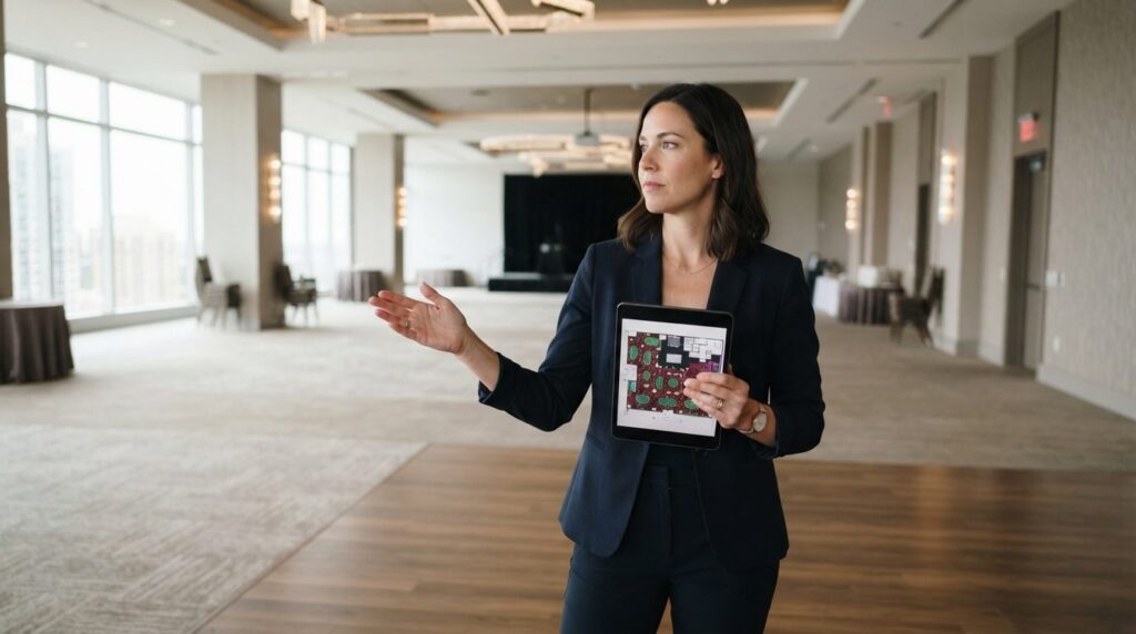 Modern event planner in professional attire standing in an e