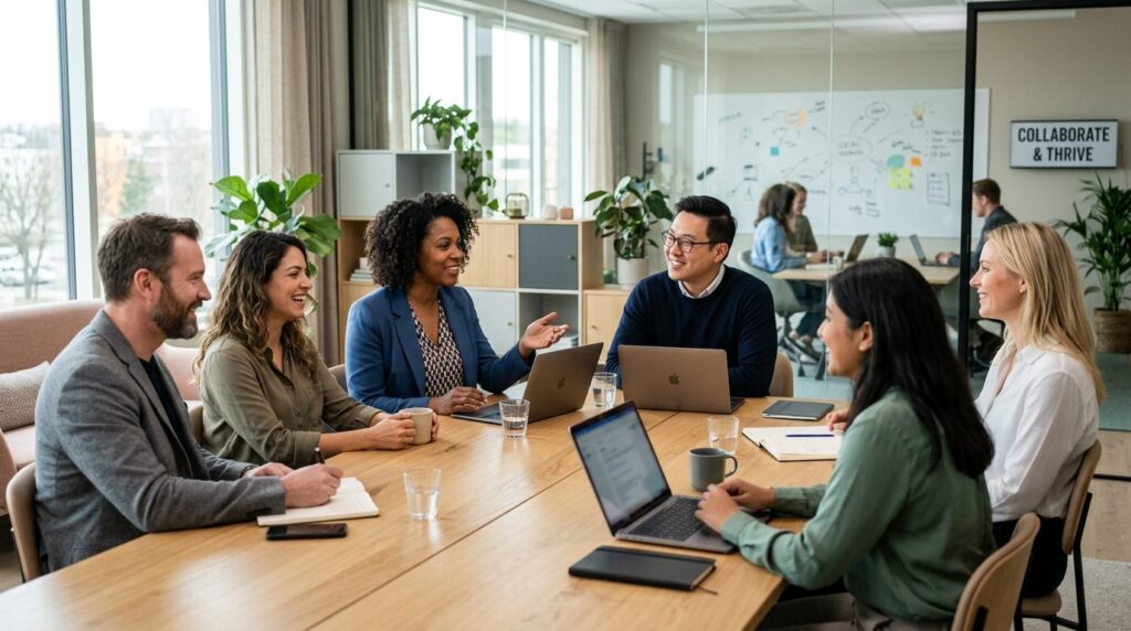 Photorealistic image of a diverse group of professionals in 