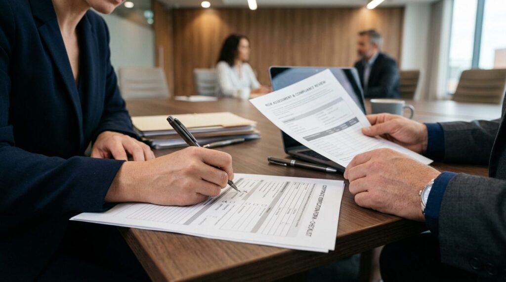 Close-up of hands reviewing corporate documents and verifica