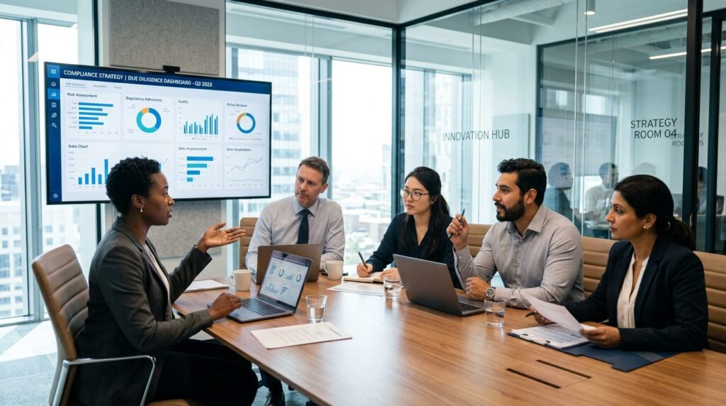 Diverse team of business professionals in a modern conferenc
