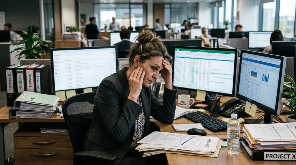 Close-up of a tired middle-aged female manager at her desk s