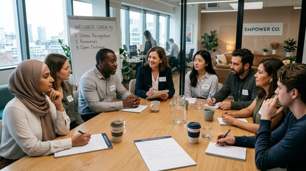 Empowering moment of a diverse group of employees in a moder