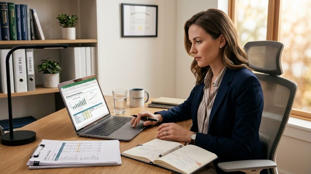 Female accountant or financial consultant working on laptop