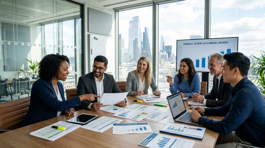 Business team meeting in modern conference room discussing f