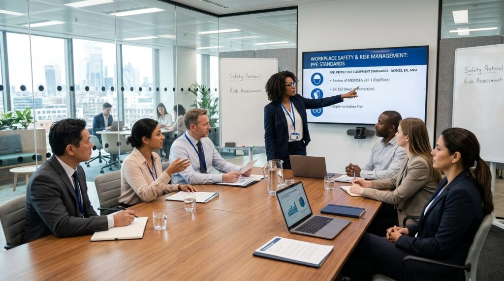 Wide shot of a diverse leadership team in a modern meeting r