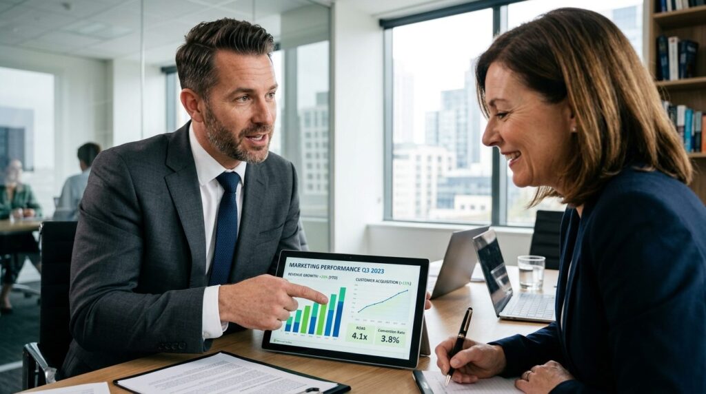 Close-up photograph of a male business consultant pointing t