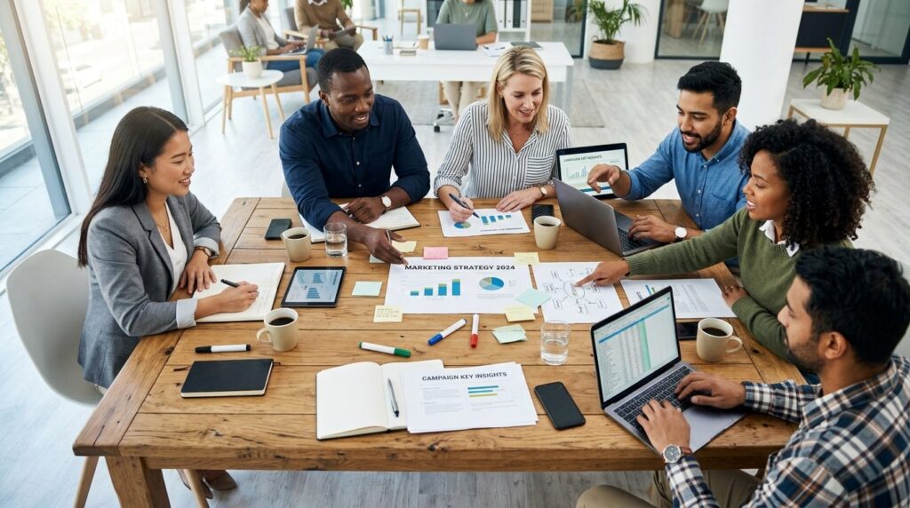 Overhead shot of business professionals collaborating around