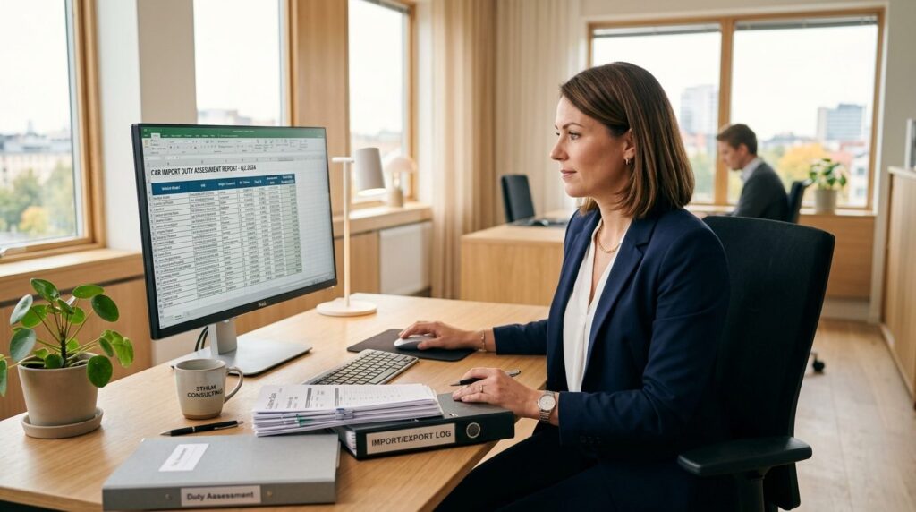 Confident business professional in suit sitting at desk revi
