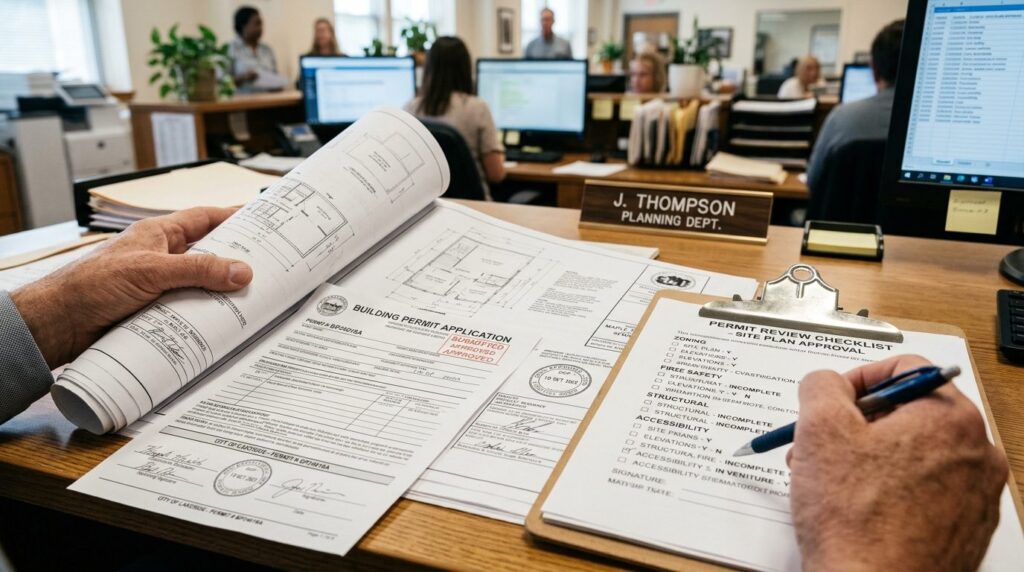 Close-up of hands holding building permit documents and arch