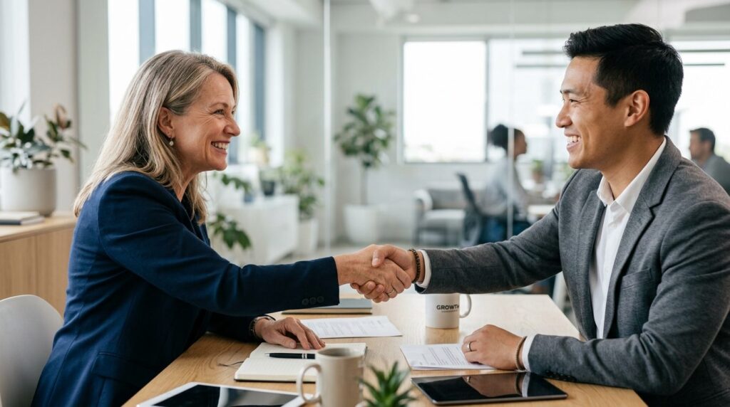 Close-up shot of two professionals shaking hands across a de