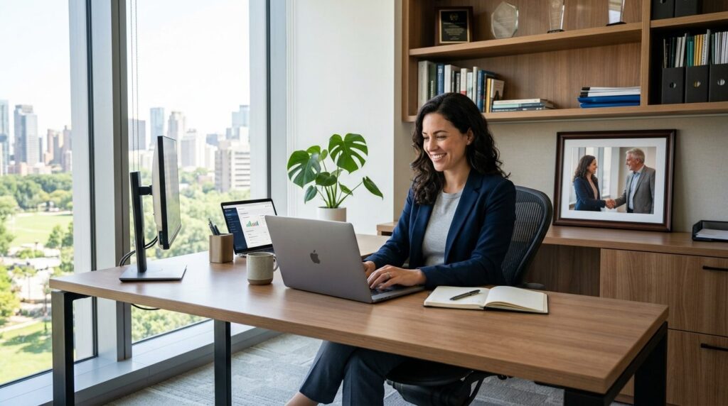 Wide angle view of a confident professional sitting at their