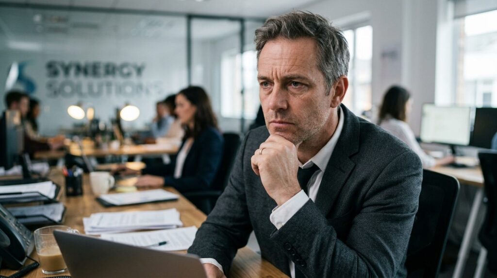 Close-up portrait of a tired but determined mature man in bu