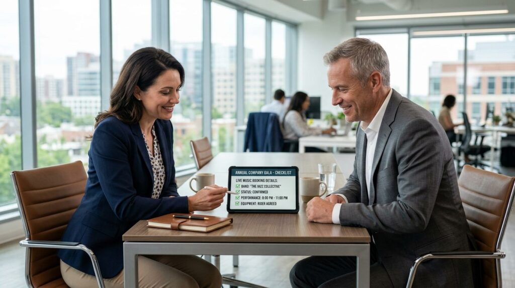 HR manager and company leader reviewing event planning check