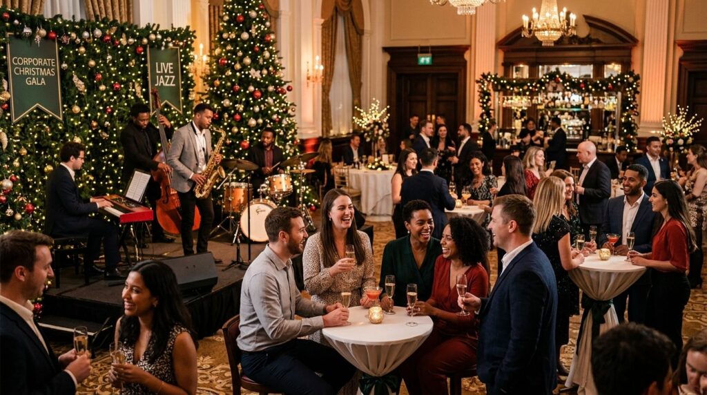Festive corporate Christmas party with live jazz band perfor
