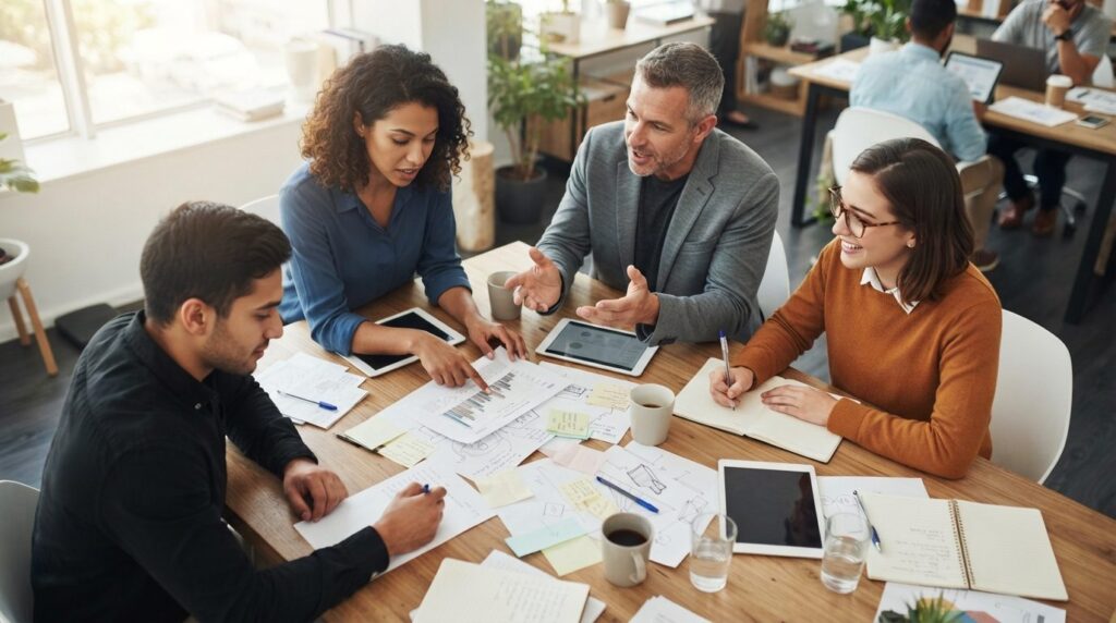 Overhead view of a team of 4 diverse professionals working c