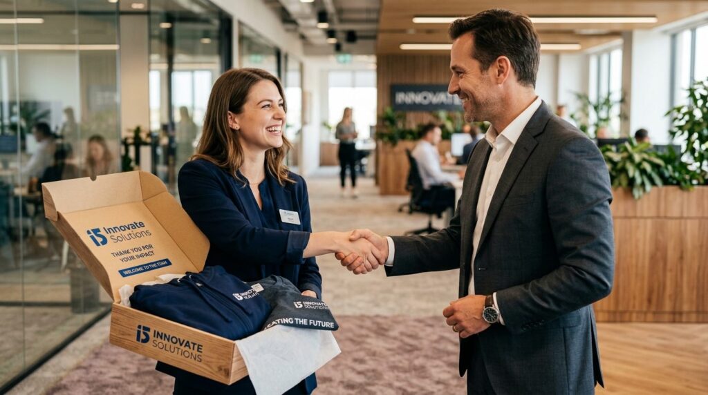 Close-up stock photo, 16:9 format, employee receiving brande