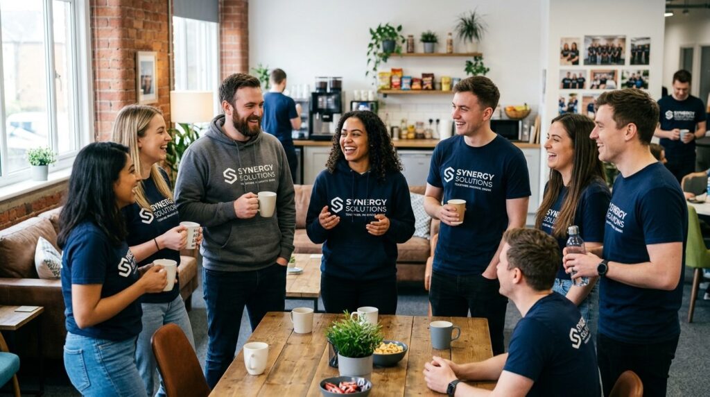 Stock photo, 16:9 format, casual team gathering in break roo