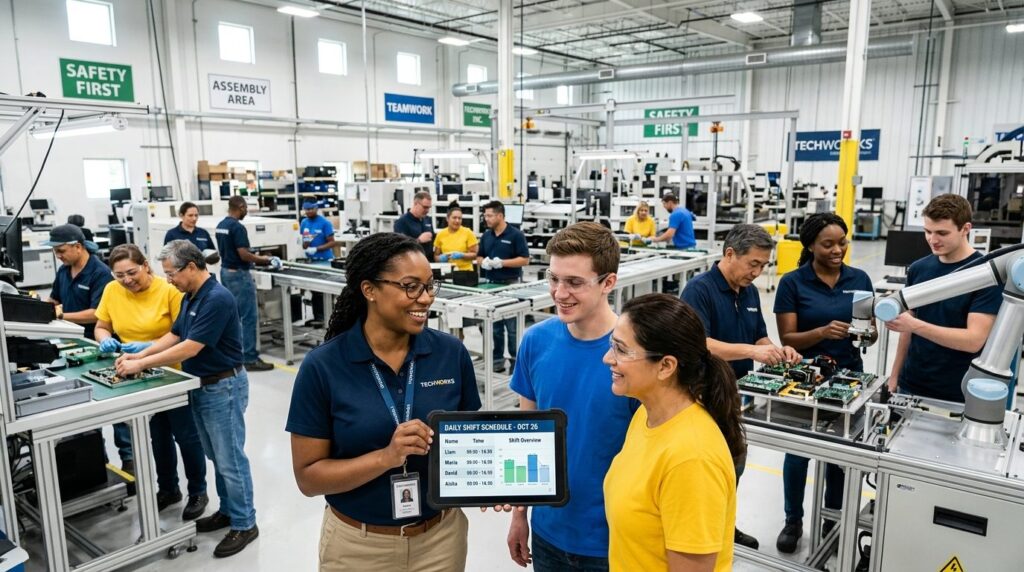 Wide-angle photograph of a production facility or retail sto