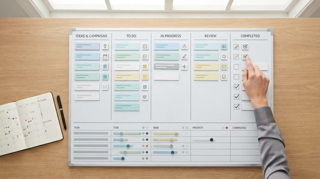Overhead flat-lay stockphoto of a marketing strategy board w