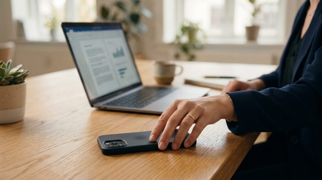 Close-up of businesswomans hand deliberately placing smartp