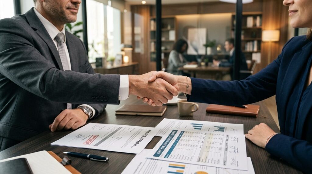 Close-up of business professionals shaking hands across a de