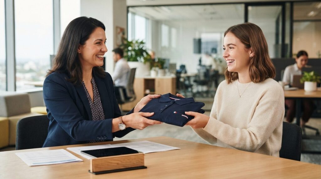 Close-up shot of HR manager presenting branded work uniform