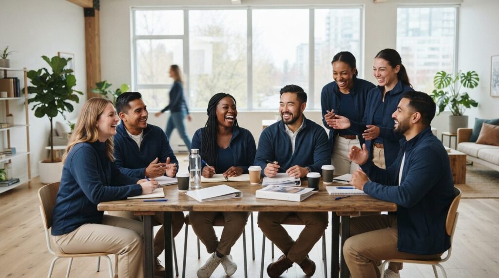 Team of new employees in coordinated company workwear gather