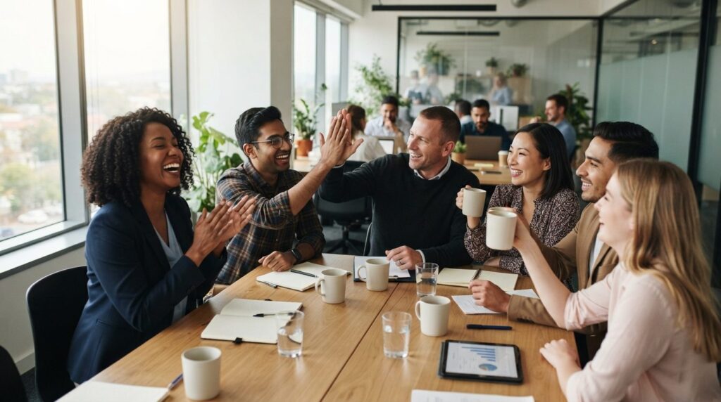 Diverse sales team celebrating a small win together around o