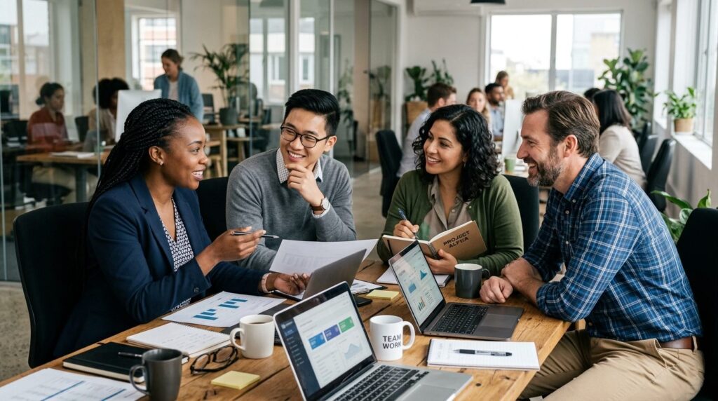 Close-up of diverse team members in business casual attire c
