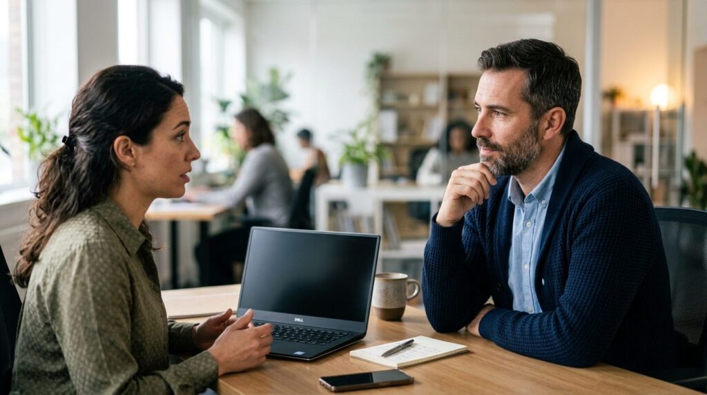 Close-up photograph of a thoughtful male manager listening i