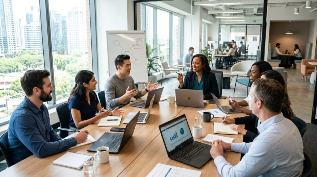 Wide shot of a diverse team in a modern office meeting room