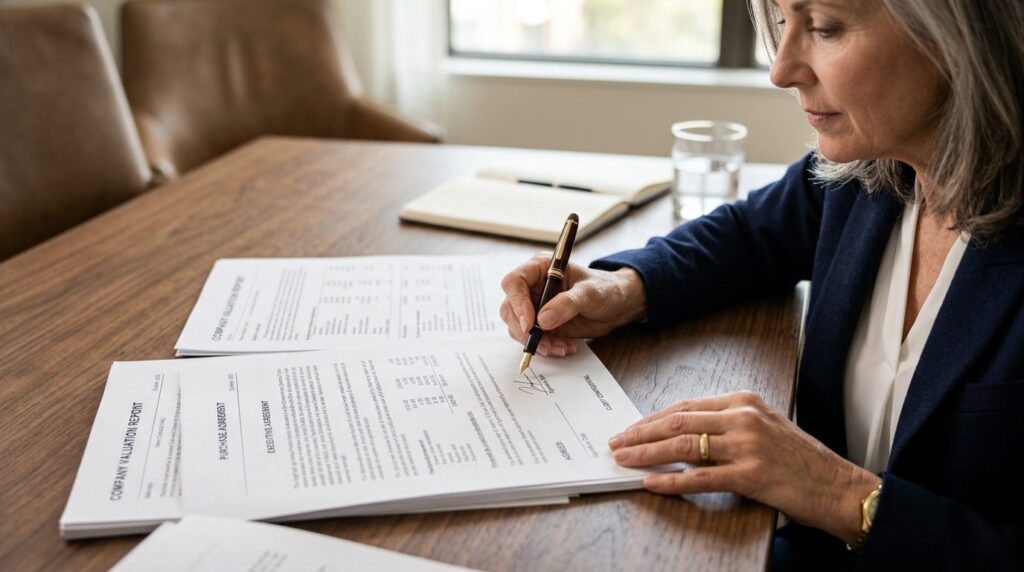 Close-up of mature executives hands holding pen over busine