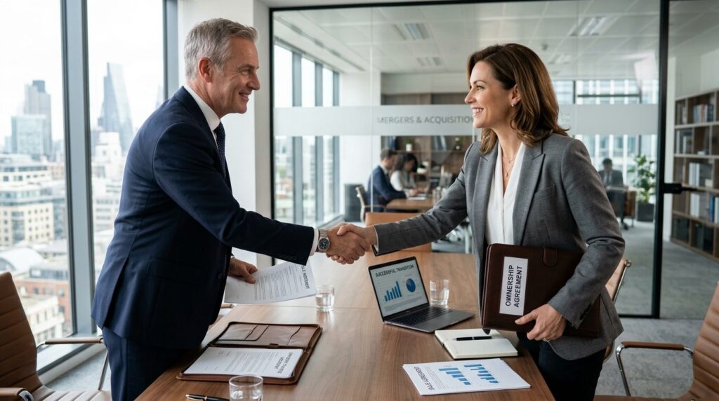 Busy business leader in suit shaking hands with professional