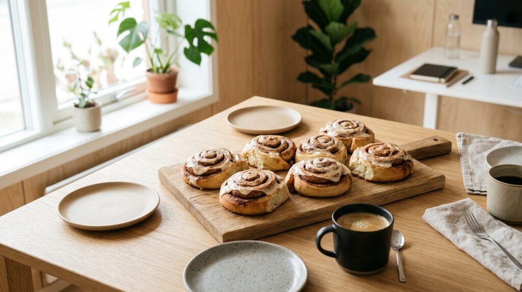 Close-up overhead shot of premium cinnamon rolls arranged on